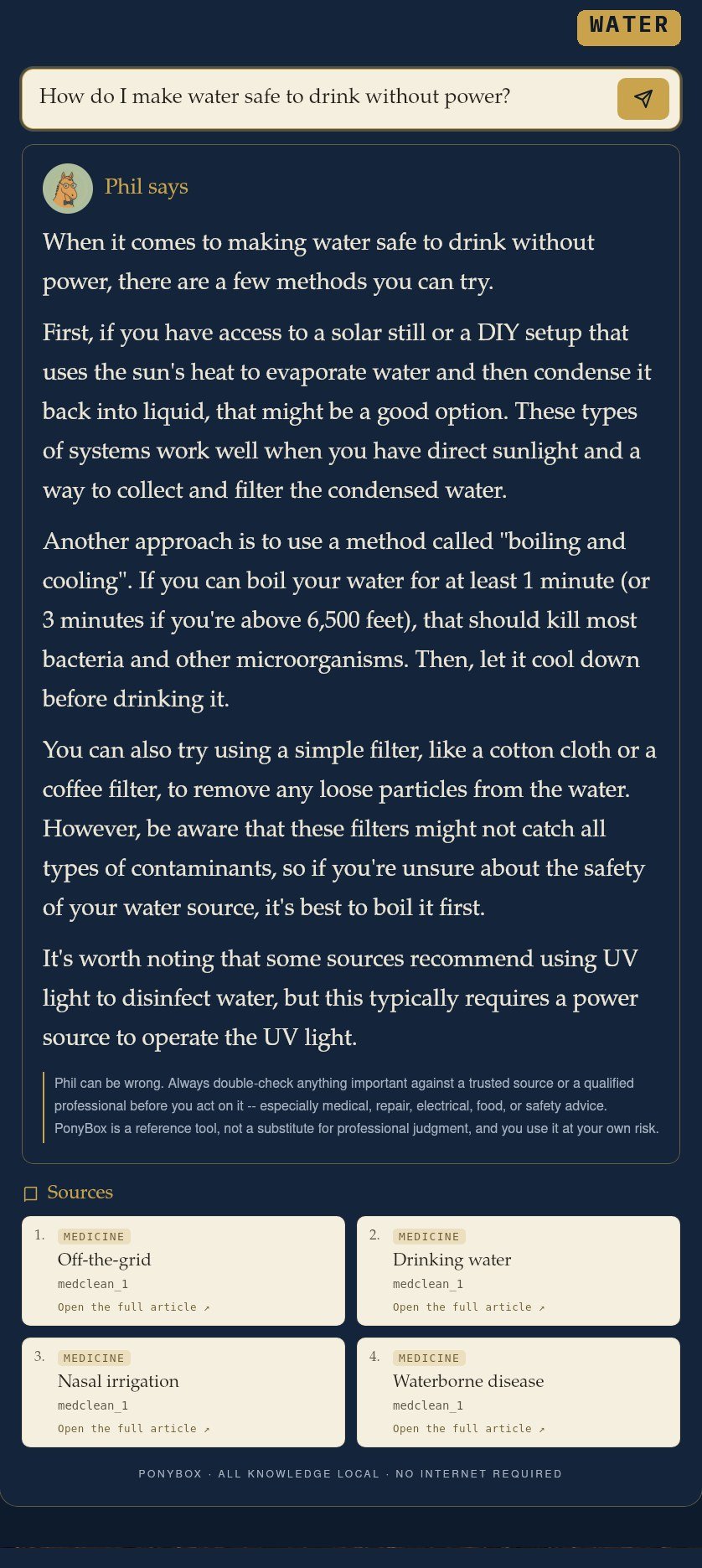How do I make water safe to drink without power?